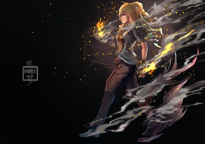 Yang Xiao Long from RWBY with fire and smoke