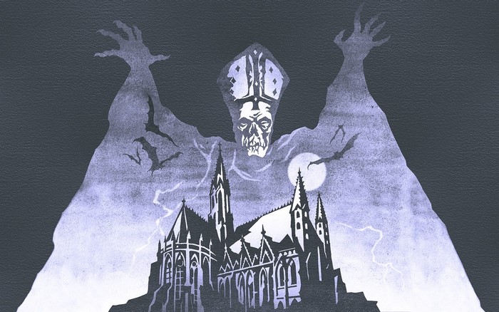 Ghost B.C. band art with cathedral and skull figure