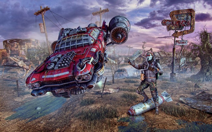 Apocalyptic wasteland with a flying car and a scavenger