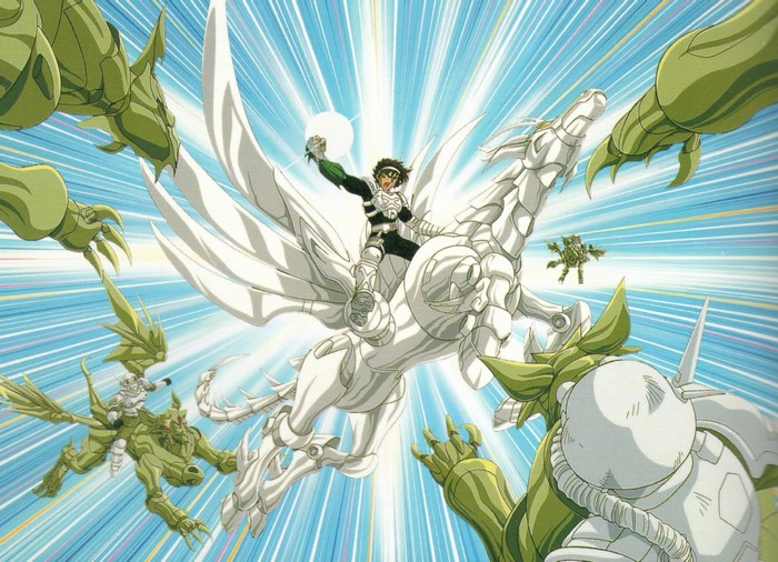 Teppei and Beat X from BTX fighting green mechanical creatures