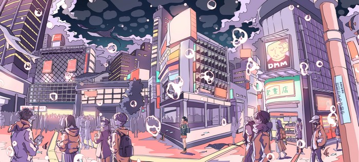 Anime cityscape with manta rays and bubbles