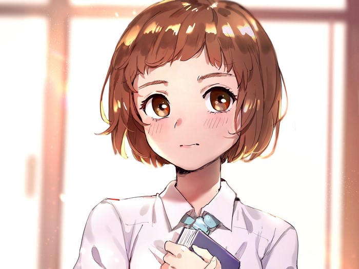 Anime girl with short brown hair holding a book