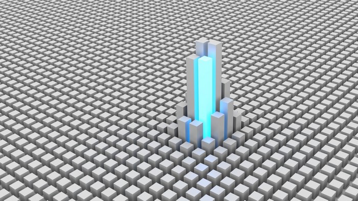 Abstract 3D render of glowing cyan cubes in a grid
