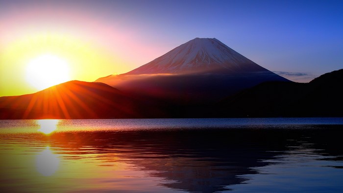 Mount Fuji at sunrise over Lake Motosu
