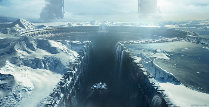 Science fiction artwork of a futuristic ice planet with a large crater