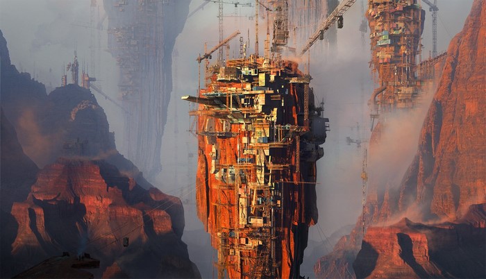 Artwork of a futuristic city built on cliffs with cranes