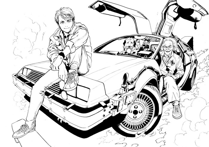 Marty McFly and Doc Brown with DeLorean Time Machine