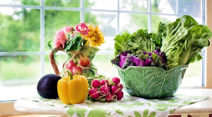 Still life painting of fresh vegetables and flowers