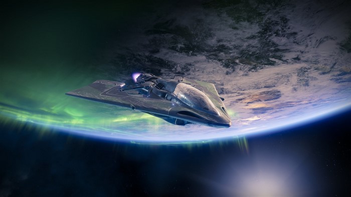 Spaceship flying over Earth with aurora borealis, Destiny 2