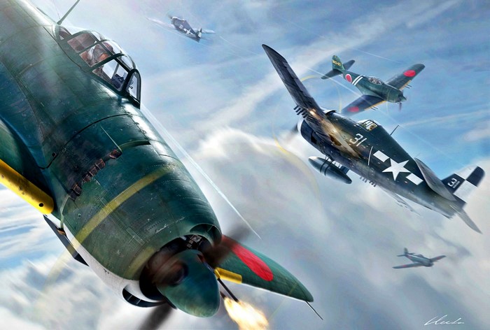 World War II aircraft dogfight in the sky