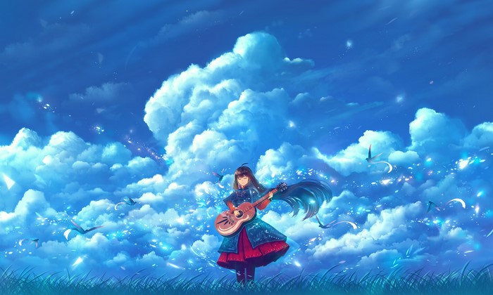 Girl playing guitar among clouds with birds