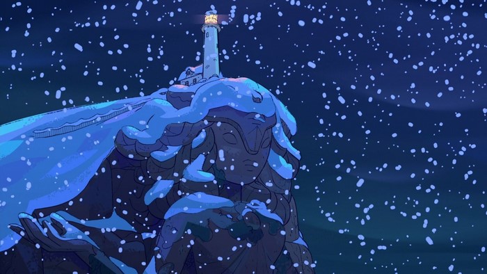 Steven Universe snowing at night with lighthouse