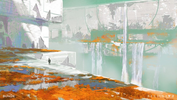 Concept art for Destiny 2 showing a lone figure in a futuristic landscape