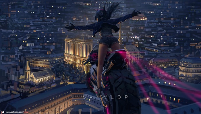 Anime girl on a motorcycle overlooking a city at night