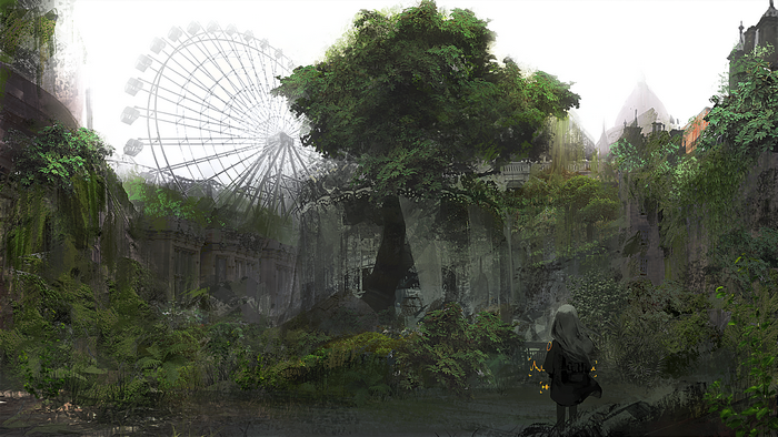 Anime girl in overgrown ruins with Ferris wheel
