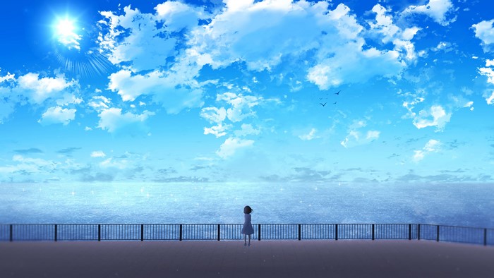 Anime girl looking at the ocean under a cloudy sky