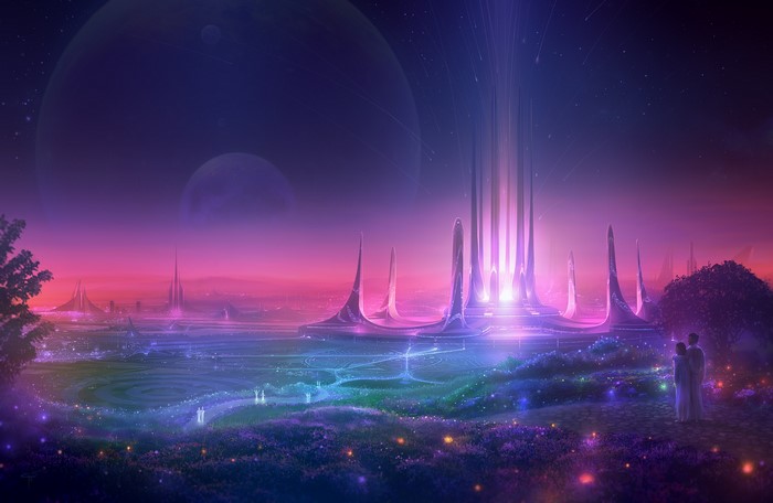 Futuristic city with glowing pillars and planets in the sky