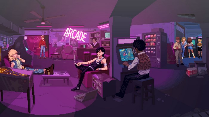 People in a retro arcade with neon lights