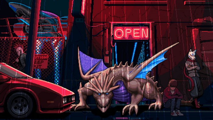 Dragon and characters in a rainy cyberpunk city