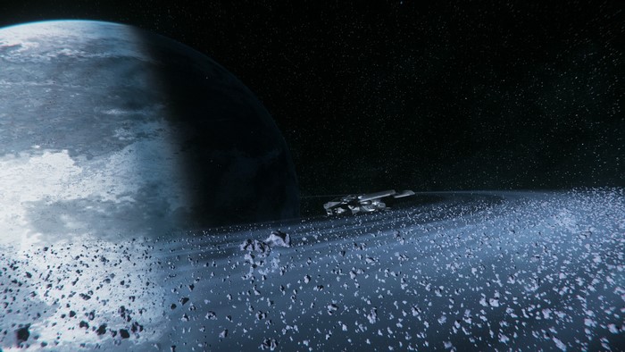 Star Citizen spaceship in asteroid ring near planet