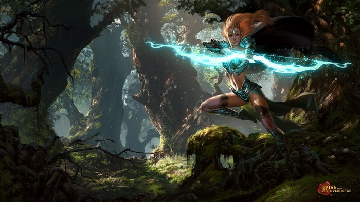Elf archer with glowing bow in a dark forest