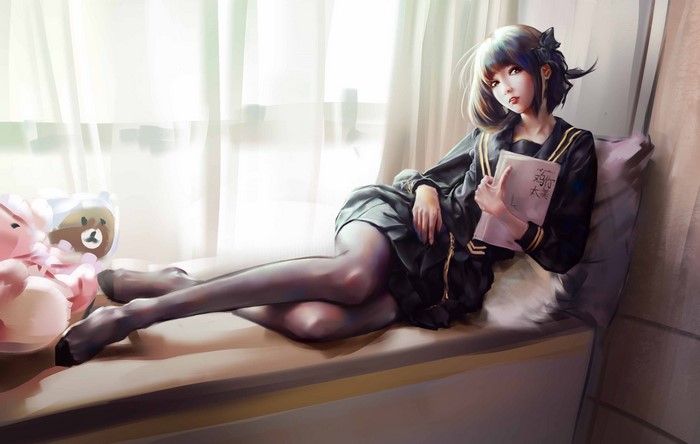 Anime girl in school uniform reading a book by the window