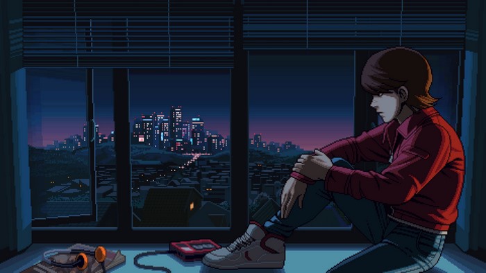 Pixel art of a person by the window at night overlooking a city