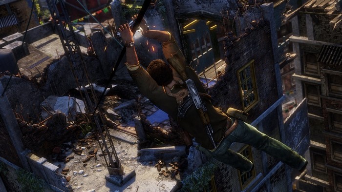 Nathan Drake from Uncharted swinging through a destroyed building
