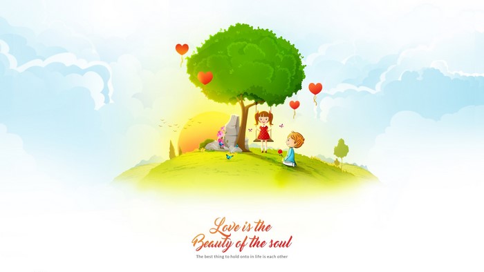 Children on a swing under a tree with heart balloons
