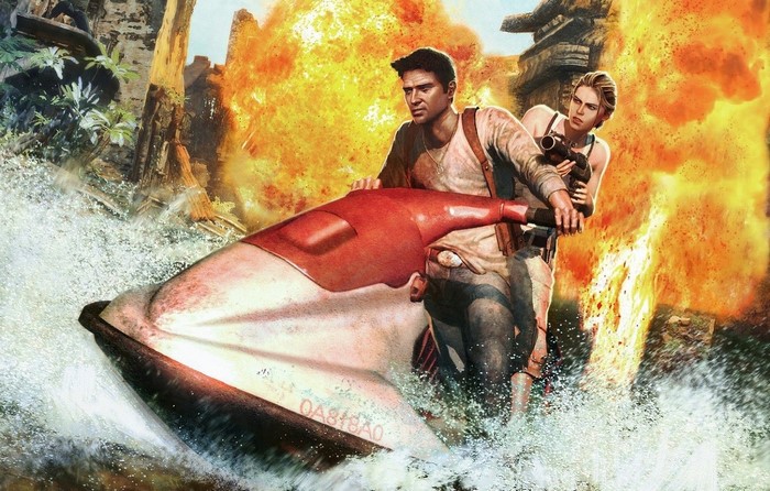 Nathan Drake and Elena Fisher on a jet ski with explosions