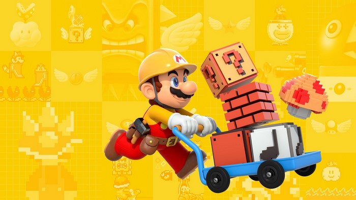 Mario from Super Mario pushing a cart with blocks