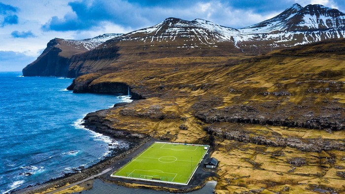 Soccer field on the coast of the Faroe Islands