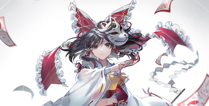 Hakurei Reimu from Touhou with a Kitsune mask