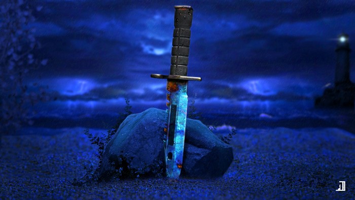 Bayonet knife on a rock in a stormy blue landscape