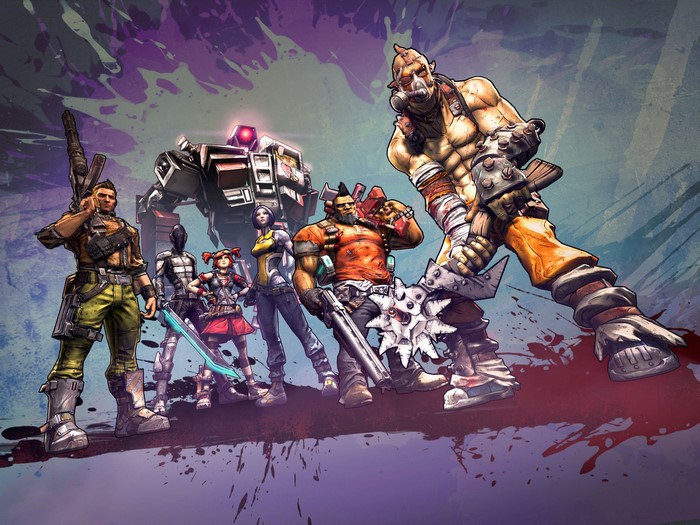 Borderlands characters Axton, Salvador, Maya, Gaige, Zer0, and Krieg