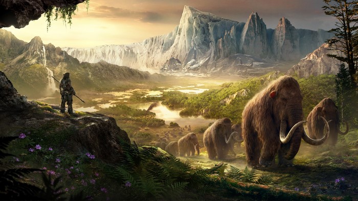 Far Cry Primal landscape with mammoths and a hunter