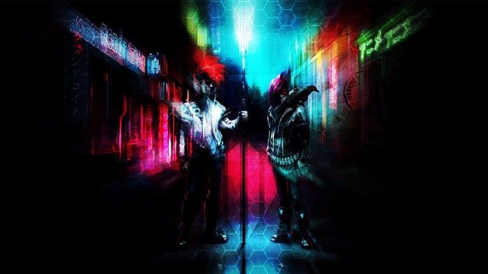 Two figures in a neon-lit cyberpunk city