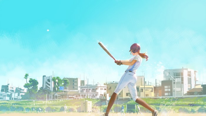 Anime girl playing baseball in a city