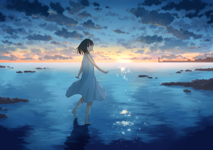 Anime girl with sparkler on beach at sunset