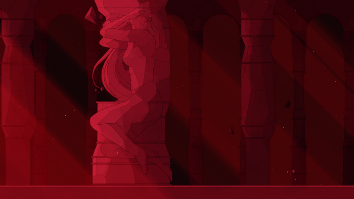 Statue of a couple embracing in a red hall
