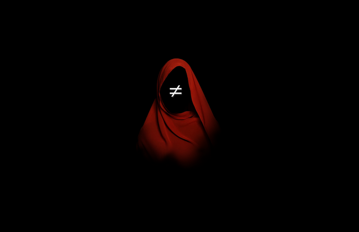 Figure in red hood with not equal symbol