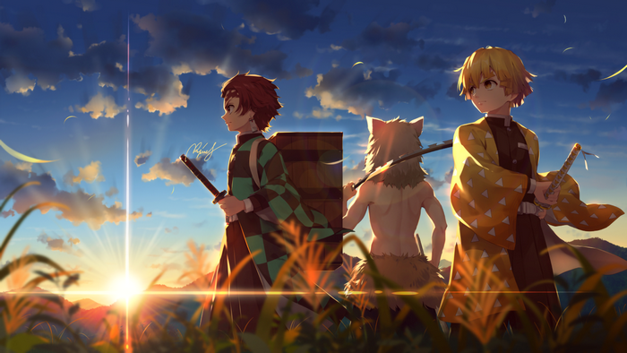 Kimetsu no Yaiba Sunset Scene with Tanjirō and Zenitsu