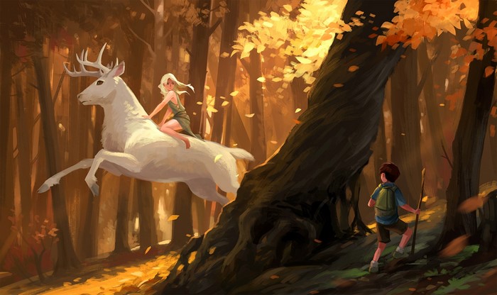 Girl riding a white deer in an autumn forest