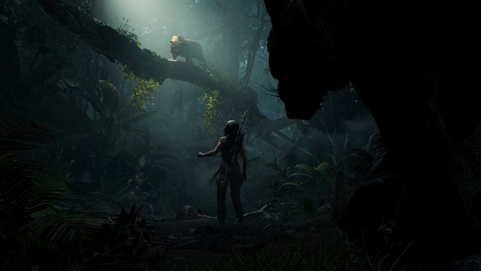 Lara Croft from Shadow of the Tomb Raider in a forest