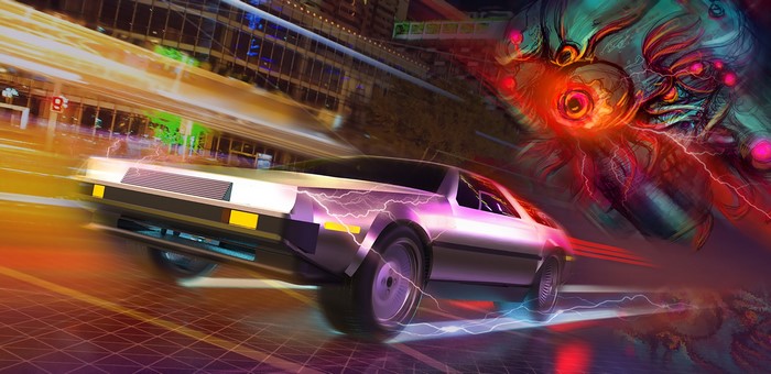 DeLorean car in a synthwave city with a creature
