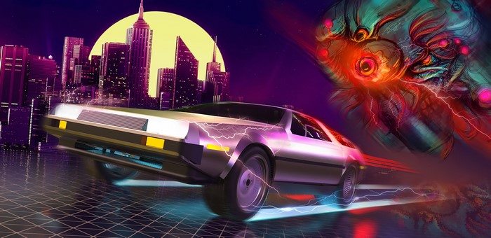 DeLorean in Synthwave City with Alien Creature