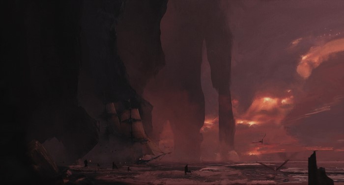 Giant figures loom over a sailing ship at sunset