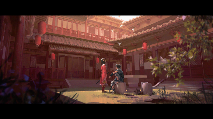 Anime characters in a traditional Chinese courtyard