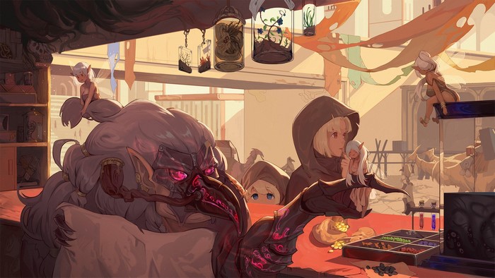 Fantasy characters in a marketplace stall