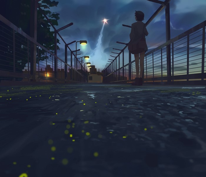 Anime girl on a bridge watching a rocket launch